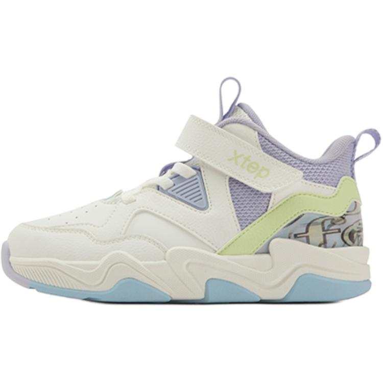 XTEP Synthetic Leather Cushioning High top Children's Basketball Shoes Sail White/Snow Cyan Purple