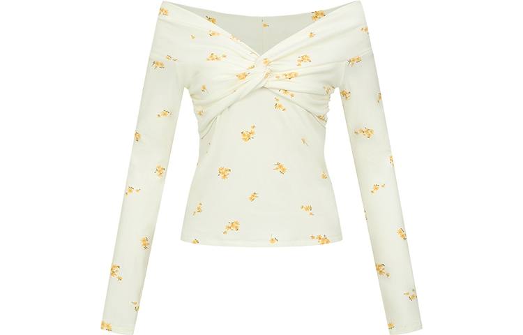 URBAN REVIVO T Shirts Women's Beige Yellow Print Boat Neck Moderate Nipped In Waist