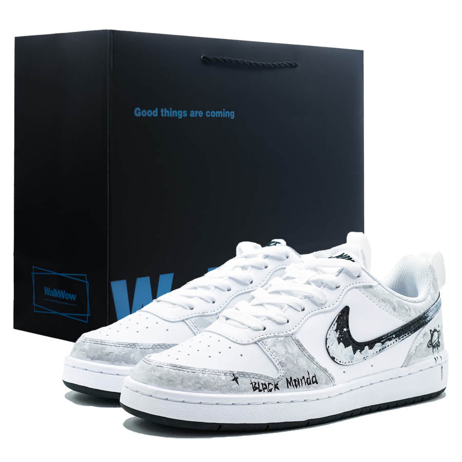 Nike Nike Court Borough Ink Painting BAG Synthetic Leather Low top Kids' Skateboarding Shoes White Gray Teenagers
