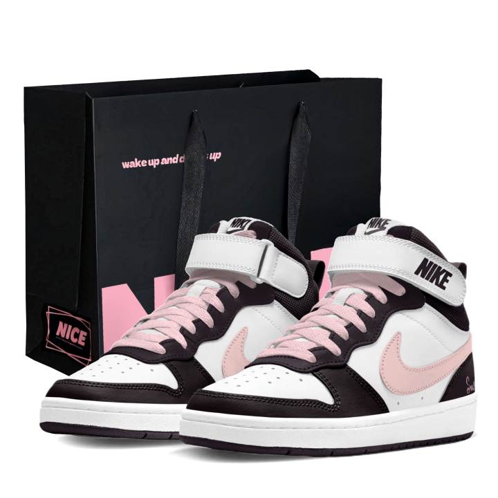Nike Nike Court Borough 2 Black Pink Transformation Leather Slip Resistant Abrasion Resistant High top