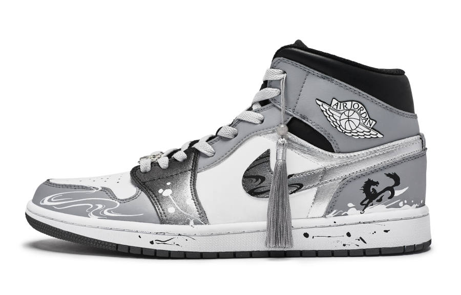 Jordan Jordan Air Jordan 1 Silver Wind Horse High top Children's Basketball Shoes Black White Gray Silver Unisex