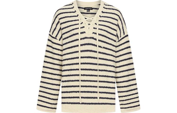 URBAN REVIVO Knitwear Women's Beige Yellow Stripes V Neck Moderate Cardigan
