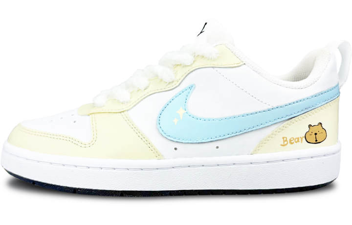 Nike Nike Court Borough Butter Bear Leather Abrasion Resistant Slip Resistant Low top Skateboard Shoes Light Yellow Kids'