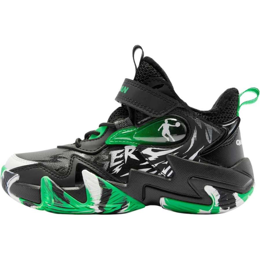 QIAODAN Fleece Lined Thermal Slip Resistant Abrasion Resistant Mid top Children's Basketball Shoes Black Green