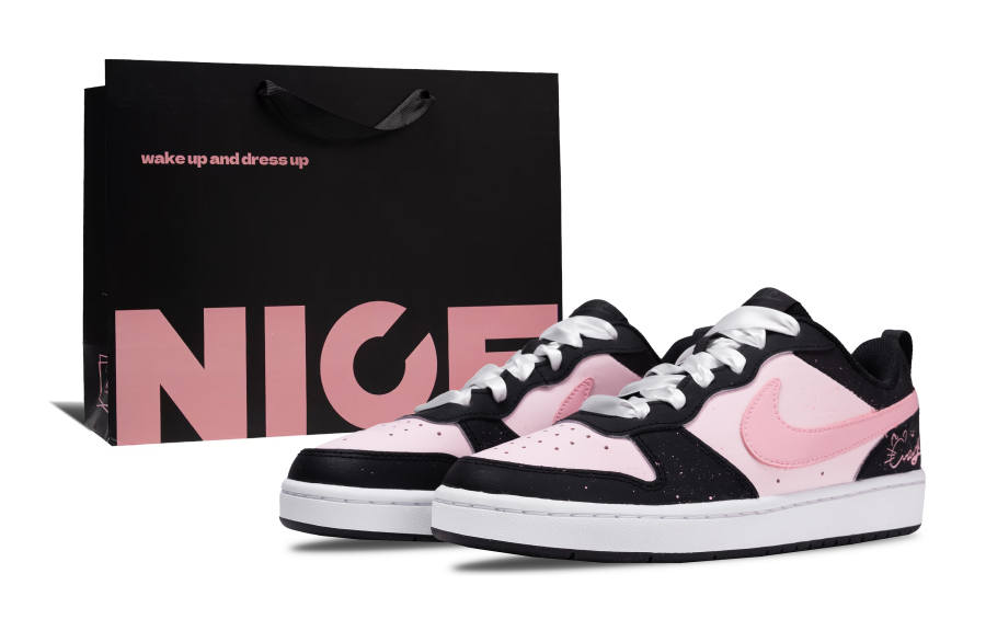 Nike Nike Court Borough Black Pink Cat Leather Abrasion Resistant Low top Kids' Skateboarding Shoes Black