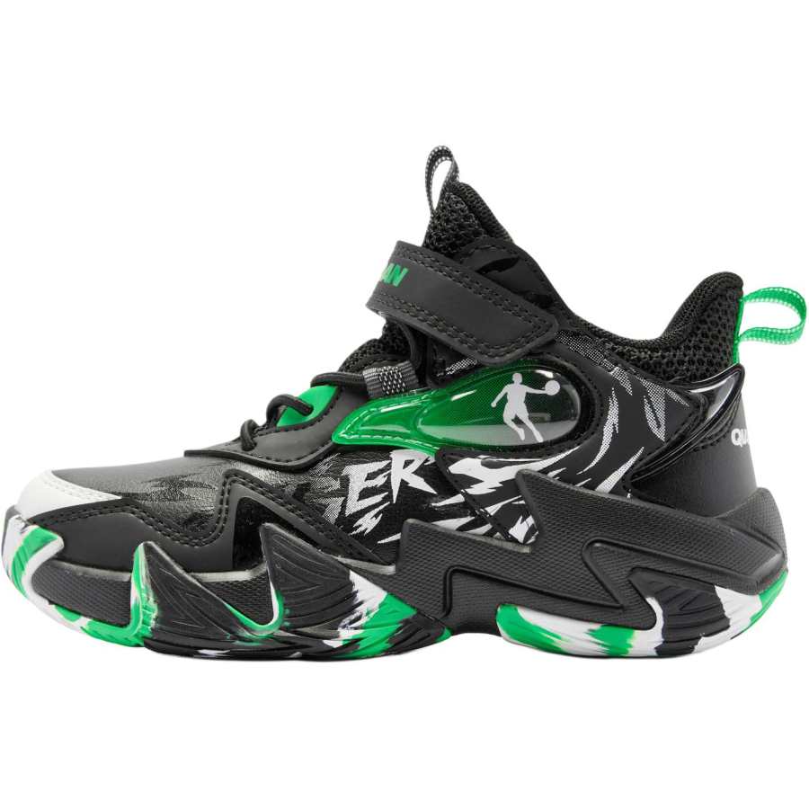 QIAODAN Slip Resistant Abrasion Resistant Mid top Children's Basketball Shoes Black Green Children Aged 3 7 Years Old