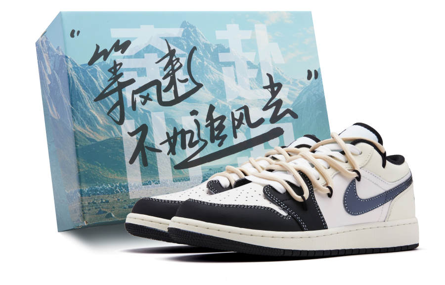 Jordan Jordan Air Jordan 1 Low Leather Slip Resistant Abrasion Resistant Low top Children's Basketball Shoes Black Blue Ecru