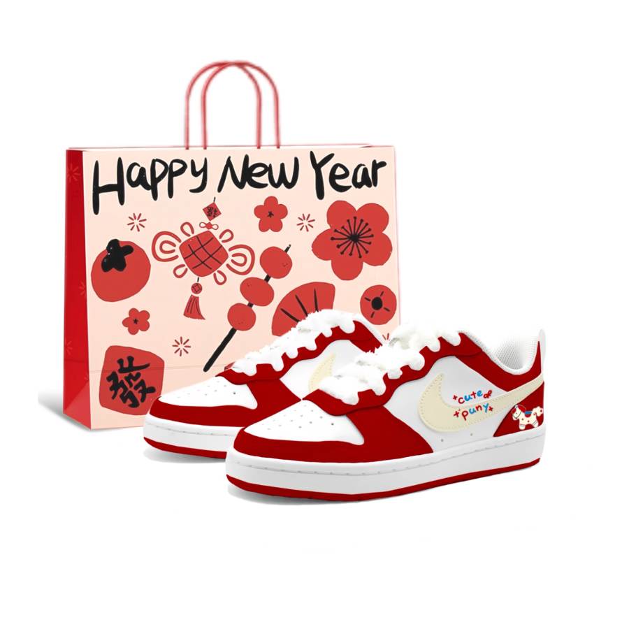 Nike Nike Court Borough Sweet And Cute Pony Leather Cushioning, Wear Resistant Low top Kids' Skateboarding Shoes Red Yellow