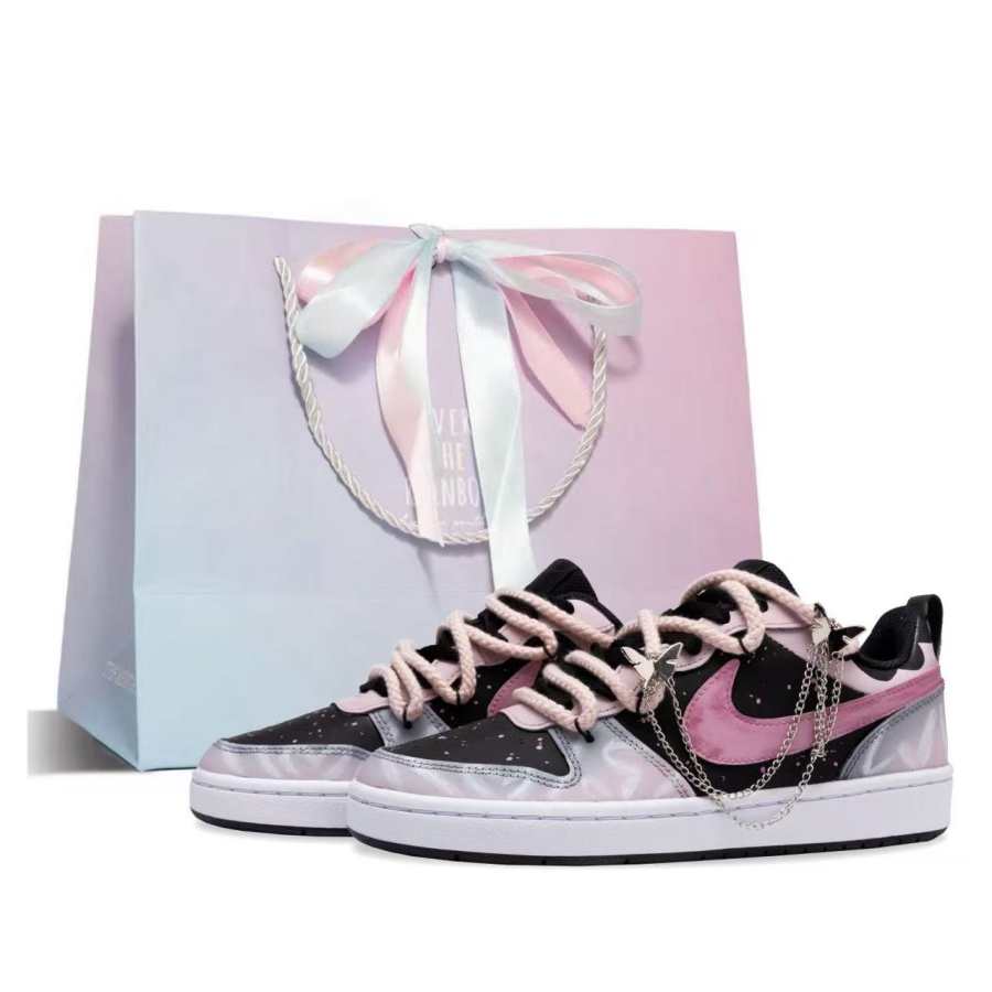 Nike Nike Court Borough 2 Love Note, Versatile Monster Leather Low top Kids' Skateboarding Shoes Black Pink Teenagers
