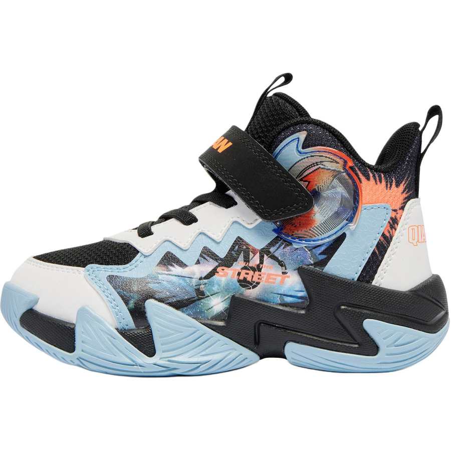 QIAODAN Slip Resistant Abrasion Resistant Mid top Children's Basketball Shoes Black/Bright Orange