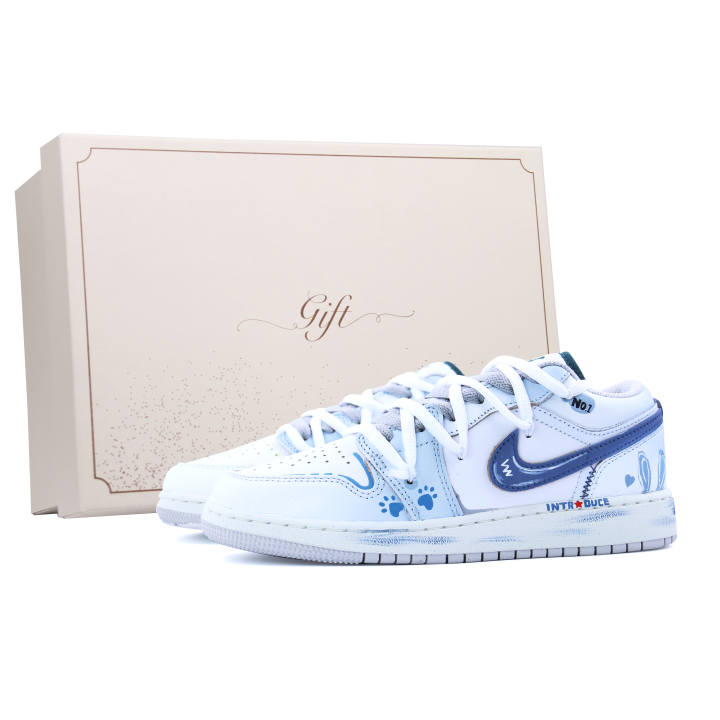 Jordan Jordan Air Jordan 1 Box, Blue Rabbit Hunt Leather Slip Resistant Abrasion Resistant Low top Children's Basketball Shoes
