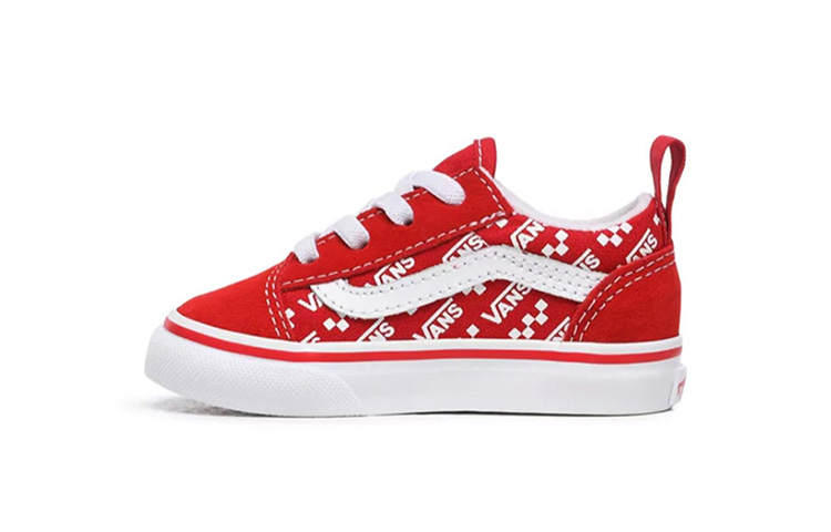 Vans Old Skool Logo Repeat Elastic Lace Low top Toddler Shoes Red Infant And Toddler