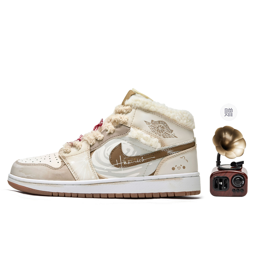 Jordan Jordan Air Jordan 1 Slip Resistant Abrasion Resistant Mid top Children's Basketball Shoes Beige Brown Teenagers