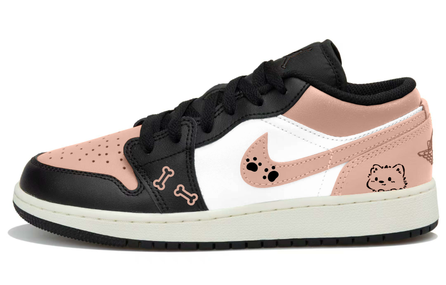 Jordan Jordan Air Jordan 1 Milk Powder Paw Print Slip Resistant Low top Children's Basketball Shoes White Pink Brown Teenagers