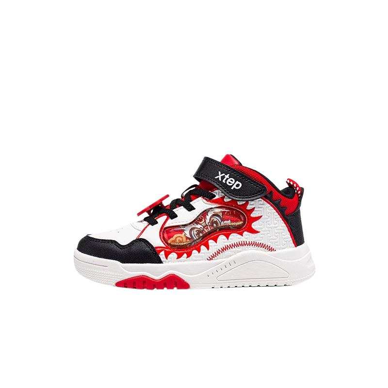 XTEP Synthetic Leather Abrasion Resistant Mid top Kids Lifestyle Shoes Sail White Black Top Scorer Red