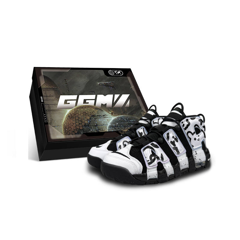 Nike Nike Air More Uptempo Simple Black White Leather Cushioning Mid top Basketball Shoes Black White Kids'