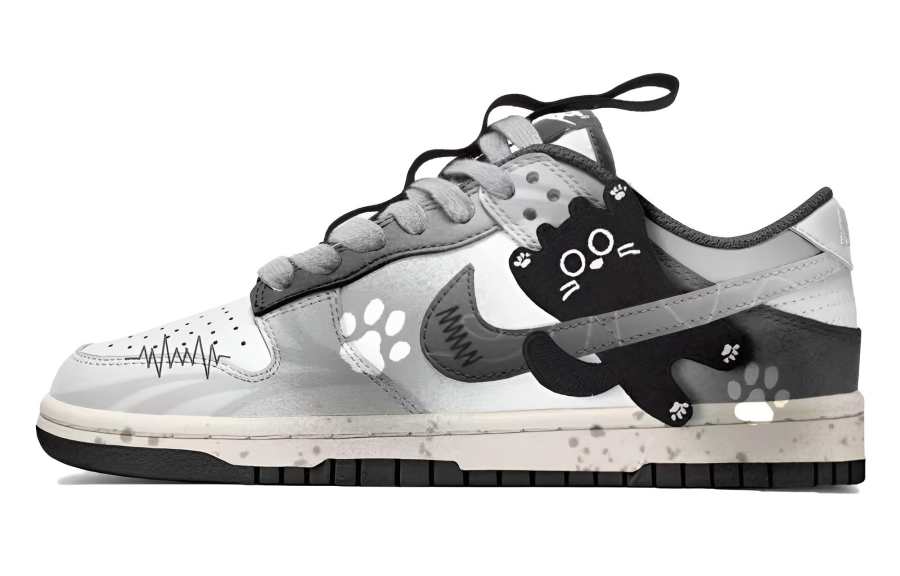 Nike Nike Dunk Milk Gray Paw, Footprint Innovation Leather Low top Kids' Skateboarding Shoes Black White Gray Teenagers