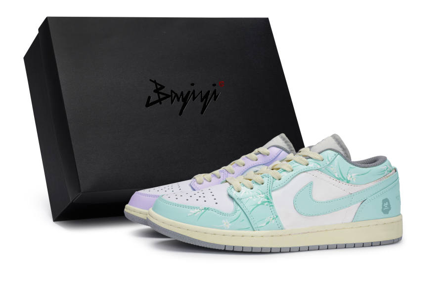 Jordan Jordan Air Jordan 1 Slip Resistant Abrasion Resistant Low top Children's Basketball Shoes Green Purple White Teenagers