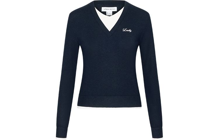 URBAN REVIVO Knitwear Women's Navy Blue V Neck Moderate