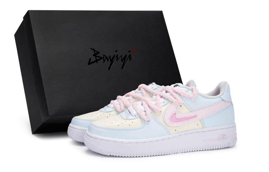 Nike Nike Air Force 1 Slip Resistant Abrasion Resistant Low top Kids' Skateboarding Shoes Blue Yellow Pink Teenagers