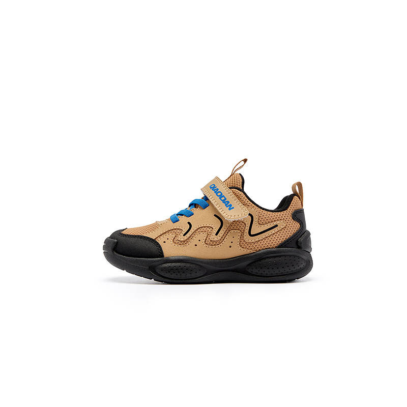 QIAODAN Synthetic Leather, Textile Breathable Lightweight Cushioning Low top Kids' Running Shoes Raw Wood Brown/Black