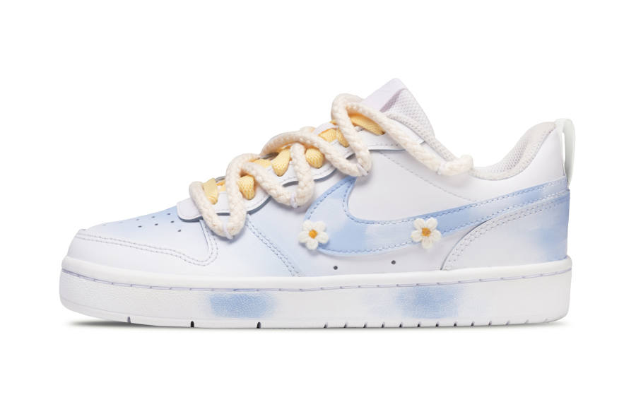 Nike Nike Court Borough Cloud Floral Leather Abrasion Resistant Slip Resistant Low top Skateboard Shoes Blue Kids'