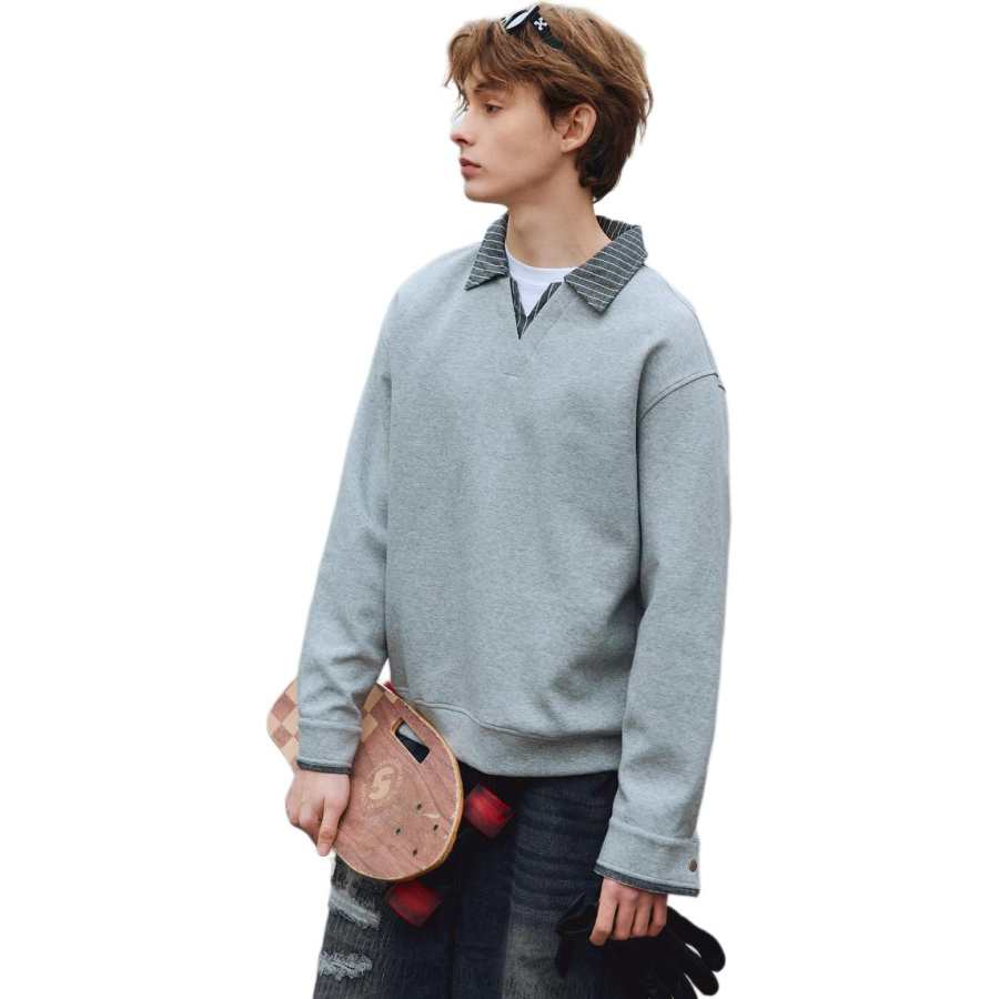 Tonlion Sweatshirts Men's Light Heather Gray Lapel Moderate Mock Two Piece