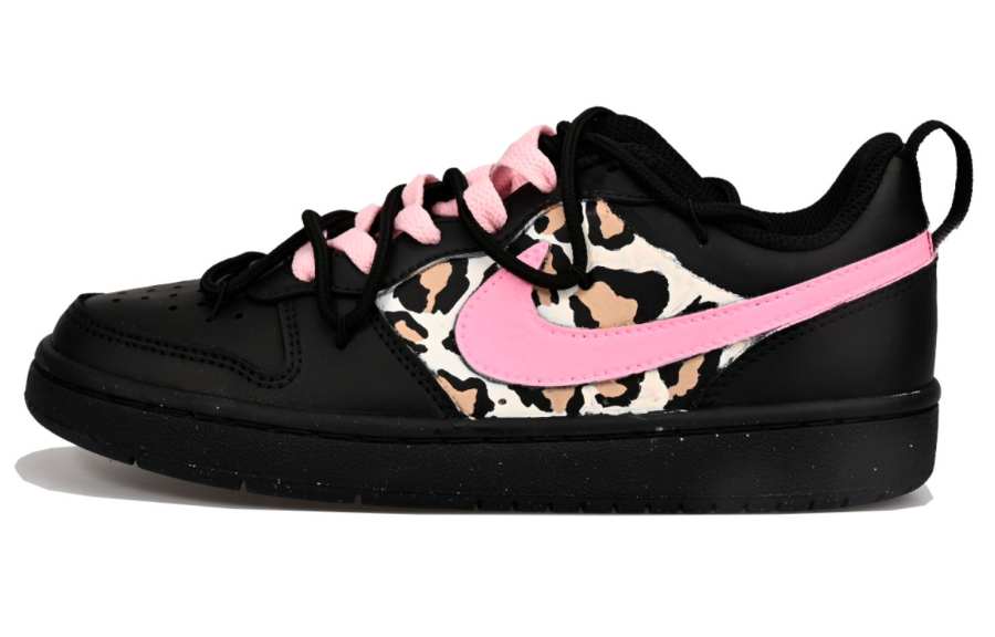 Nike Nike Court Borough Leopard Print Sweetheart Leather Low top Kids' Skateboarding Shoes Black Pink Teenagers