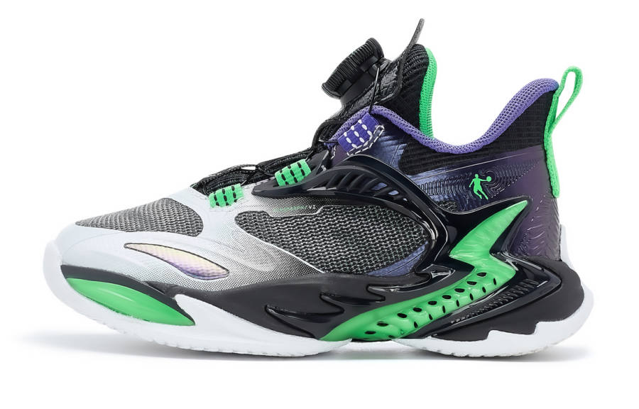 QIAODAN Irregular Shape 6 Cushioning Abrasion Resistant Mid top Children's Basketball Shoes Black Green Kids'