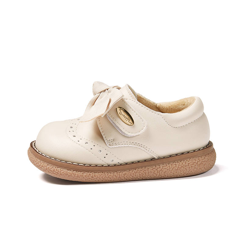 Snoffy Soft Sole Fleece Lined, Webbing Bowknot Slip Resistant Thermal Low top Kids' Leather Shoes White Brown Kids'