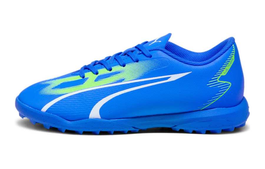 PUMA Ultra Play Cushioning Abrasion Resistant Cushioning, Wear Resistant Low top Kids' Soccer Shoes Blue Green White