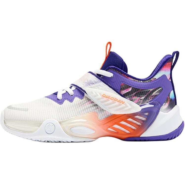 QIAODAN Swift Speed Synthetic Leather, Textile Support Mid top Basketball Shoes Jordan White/King Purple Teenagers