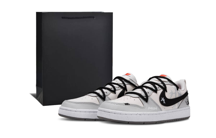 Nike Nike Court Borough Low Panda Synthetic Leather Breathable Low top Kids' Skateboarding Shoes Black White Gray