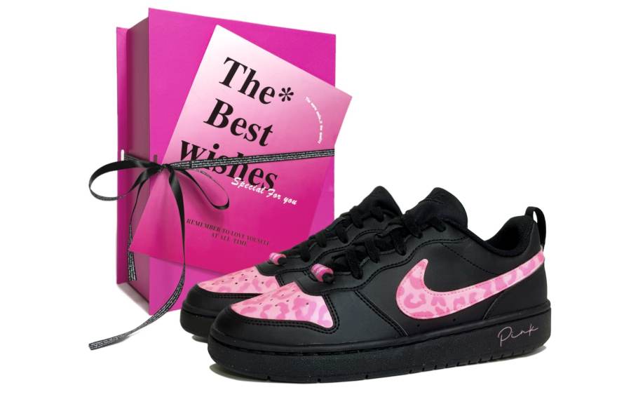 Nike Nike Court Borough Pink Leopard Print SBOX Slip Resistant Low top Kids' Skateboarding Shoes Black Pink Teenagers