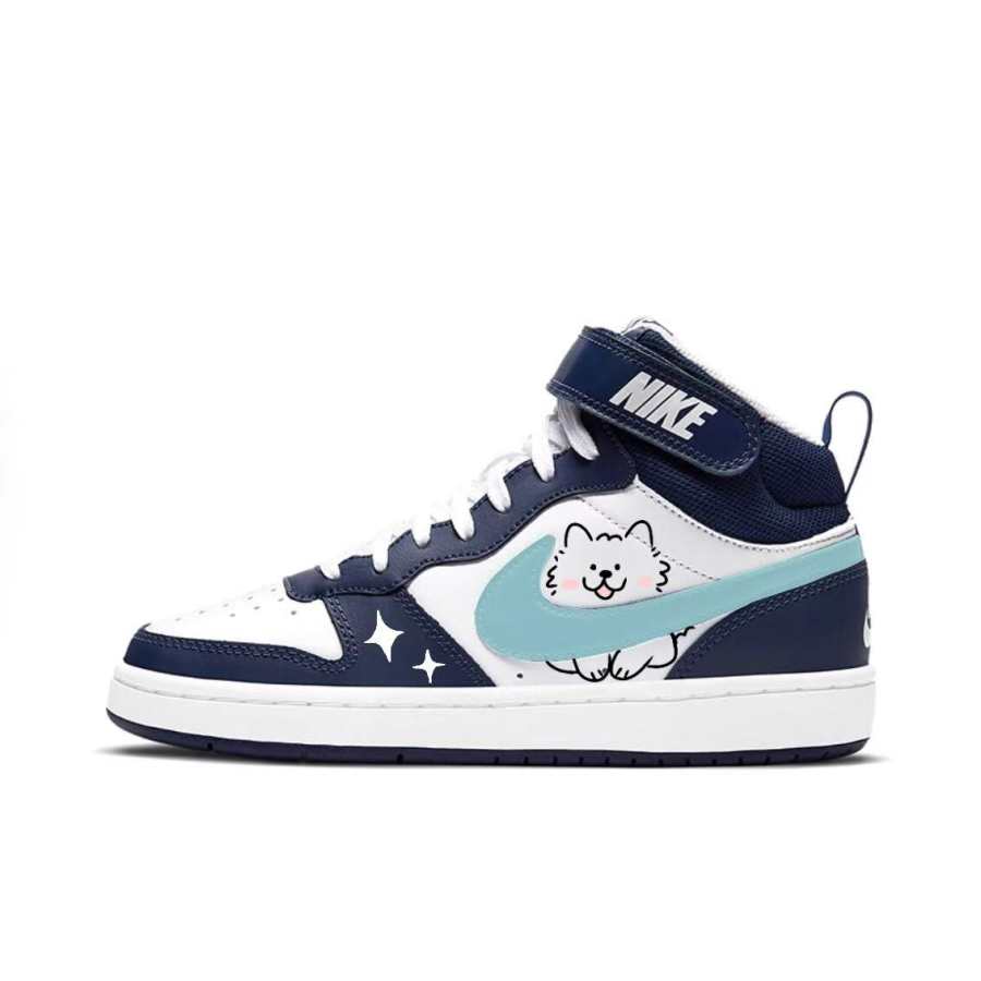 Nike Nike Court Borough Fresh Samus Synthetic Leather Abrasion Resistant High top Kids' Skateboarding Shoes Navy Blue