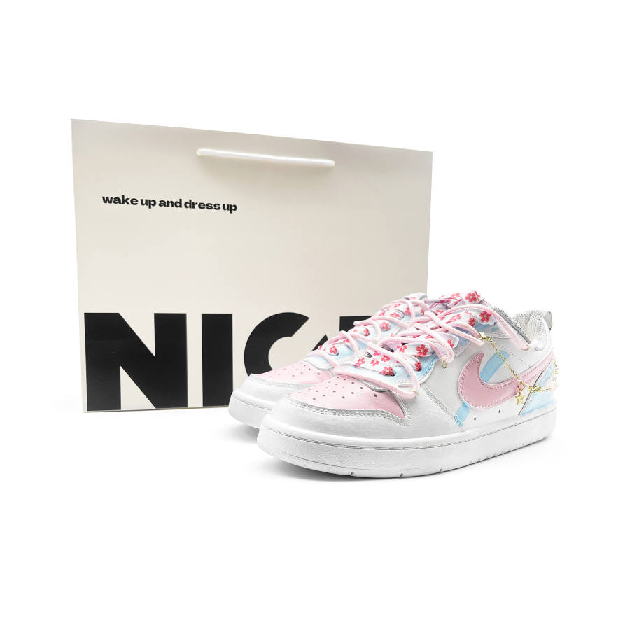 Nike Nike Court Borough Blue Pink Stars Leather Cushioning Low top Skateboard Shoes White Kids'