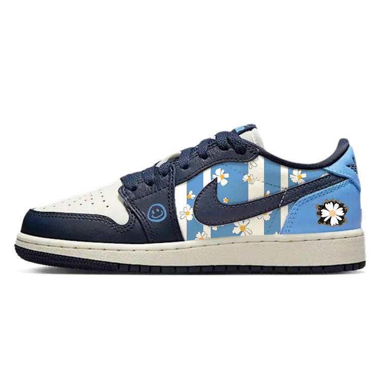 Jordan Jordan Air Jordan 1 Leather Slip Resistant Cushioning Low top Children's Basketball Shoes Blue Teenagers