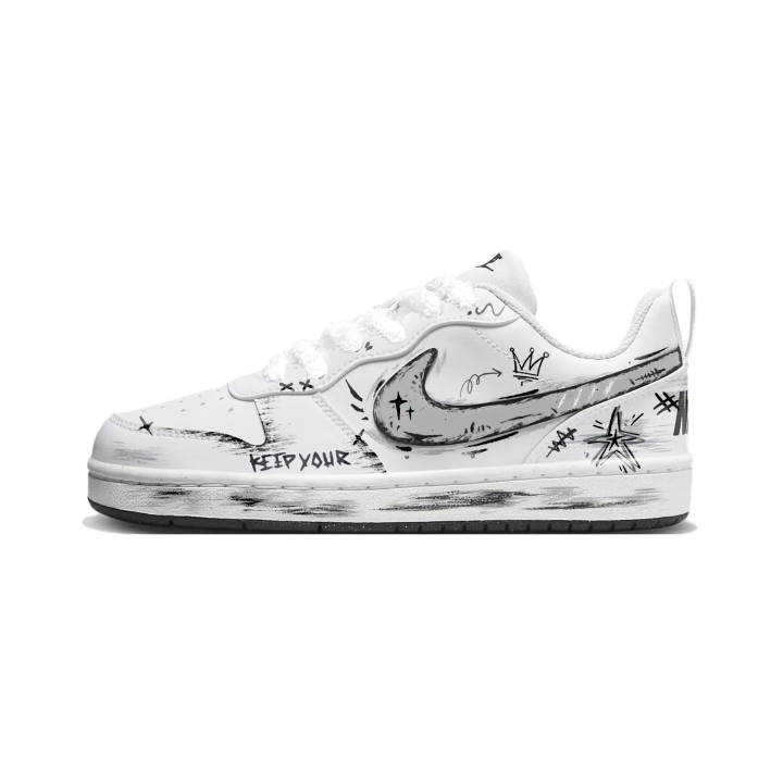 Nike Nike Court Borough Gray Graffiti Synthetic Leather Cushioning Abrasion Resistant Low top Skateboard Shoes Black Gray