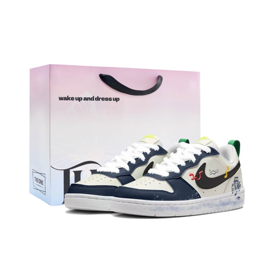 Nike Nike Court Borough Synthetic Leather Slip Resistant Abrasion Resistant Low top Kids' Skateboarding Shoes Navy Blue