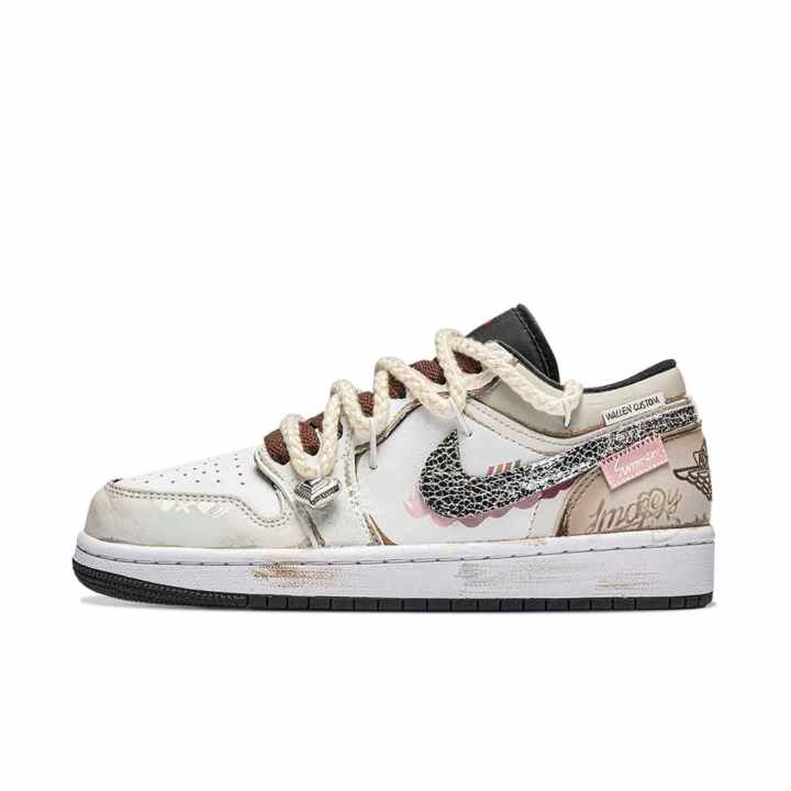 Jordan Jordan Air Jordan 1 Romantic Sentiment PU Polyurethane Low top Children's Basketball Shoes White Coffee Teenagers