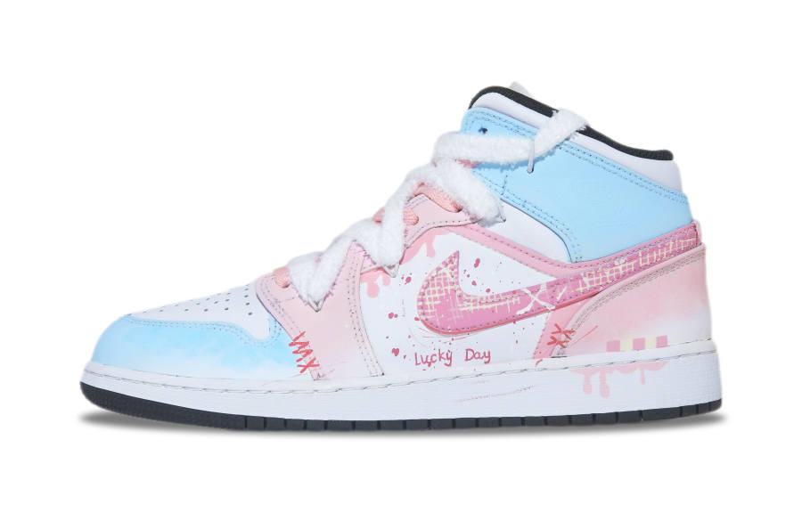 Jordan Jordan Air Jordan 1 Mid Leather Cushioning, Wear Resistant High top Children's Basketball Shoes Pink Blue Teenagers