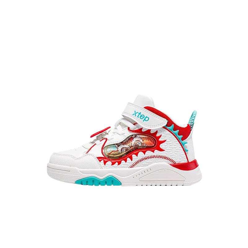 XTEP Abrasion Resistant Mid top Kids' Skateboarding Shoes Sail White Top Scorer Red Children Aged 3 7 Years Old