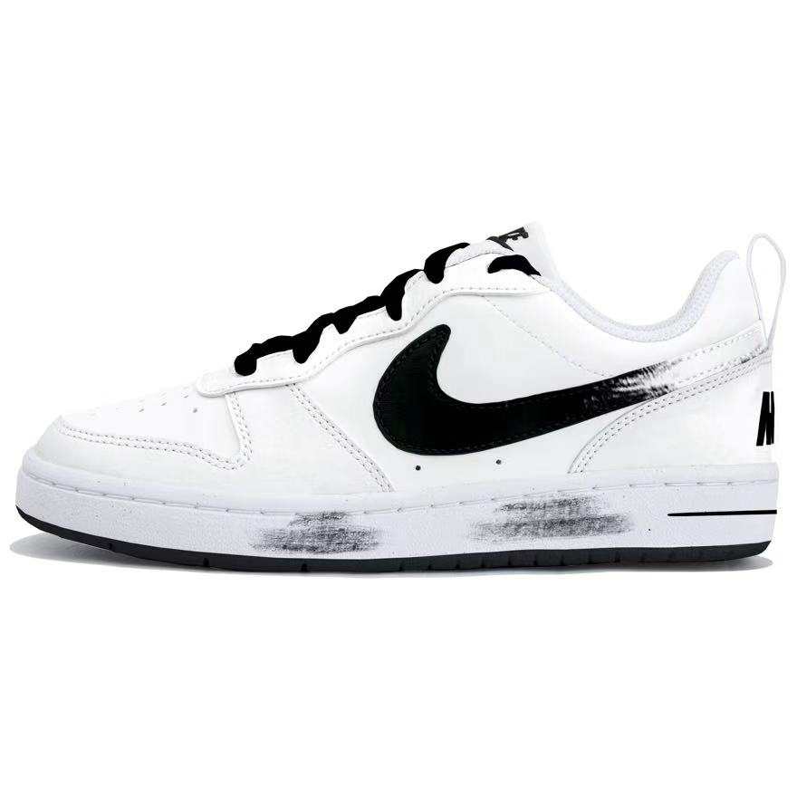 Nike Nike Court Borough Plain White Black Ink Synthetic Leather Low top Kids' Skateboarding Shoes Black White Teenagers