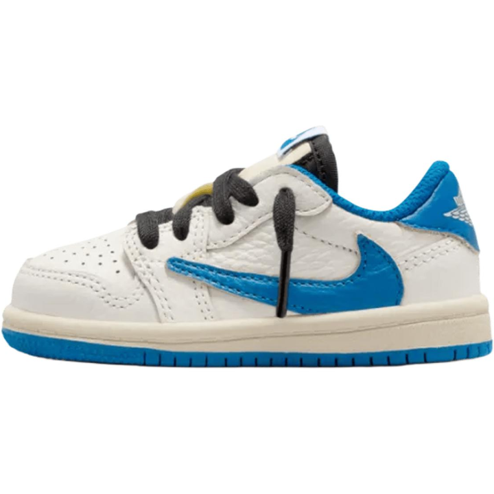 Jordan Travis Scott X Fragment Design x Jordan Air Jordan 1 Slip Resistant Abrasion Resistant Low top Toddler Shoes White Blue