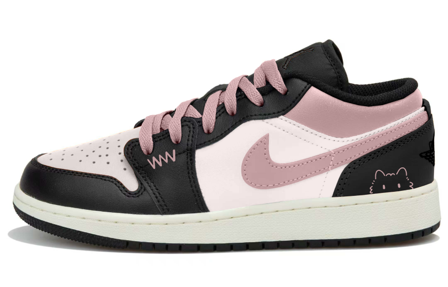 Jordan Jordan Air Jordan 1 Slip Resistant Abrasion Resistant Low top Children's Basketball Shoes White Black Pink Teenagers
