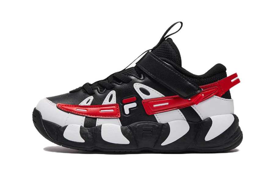 FILA KIDS Croissant Synthetic Leather Cushioning Low top Children's Basketball Shoes Black White Red