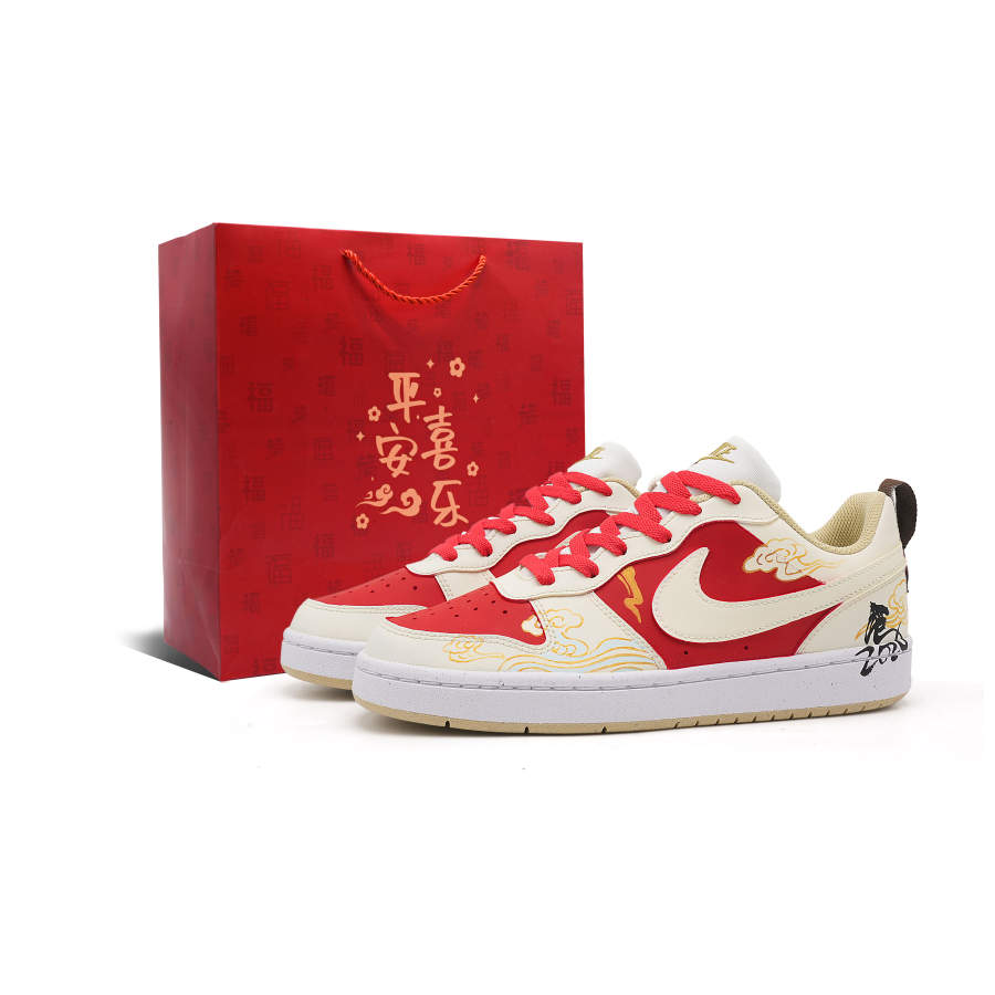 Nike Nike Court Borough Synthetic Leather Slip Resistant Abrasion Resistant Low top Kids' Skateboarding Shoes Beige Red