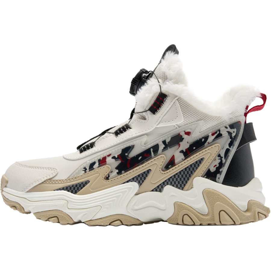 QIAODAN Aurora Thick Cotton Fleece Lined Knob Lace Up Mid top Casual Shoes Crescent White Teenagers
