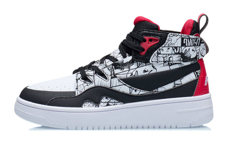 Li-Ning YOUNG Li Ning 937 Synthetic Leather Graffiti Slip Resistant Cushioning High top Skateboard Shoes Black White Red Teenagers