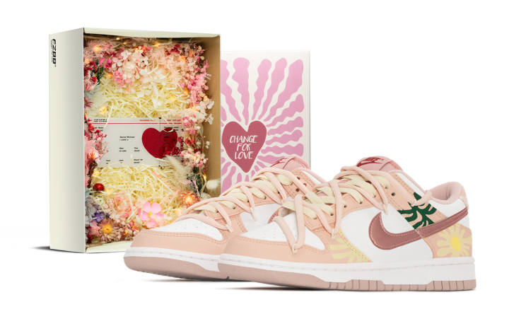 Nike Nike Dunk Flower Gift Leather Low top Kids' Skateboarding Shoes Pink White Teenagers